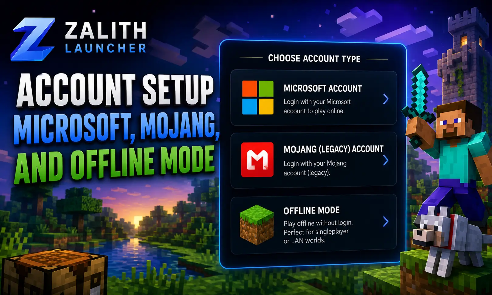 Zalith Launcher Account Setup — Microsoft Login, Mojang, and Offline Mode